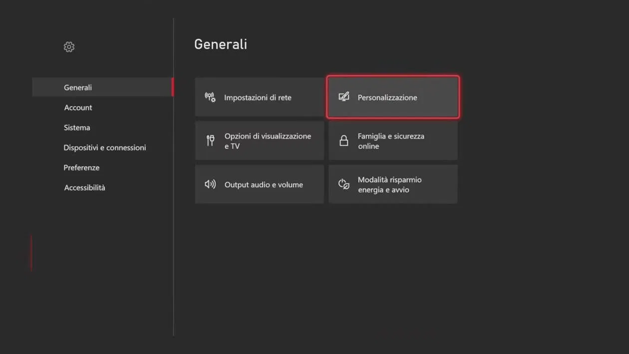 Menu Impostazioni Xbox - Personalizzazione
