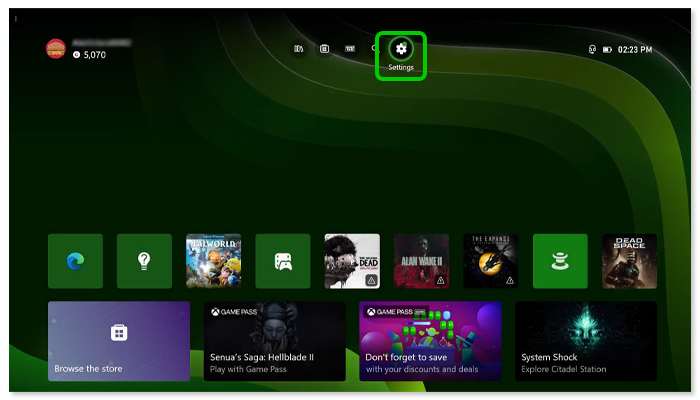 Dashboard Xbox con Settings evidenziato